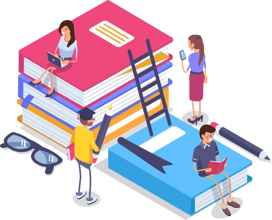 Illustration of people sitting on larger-than-life books and talking.